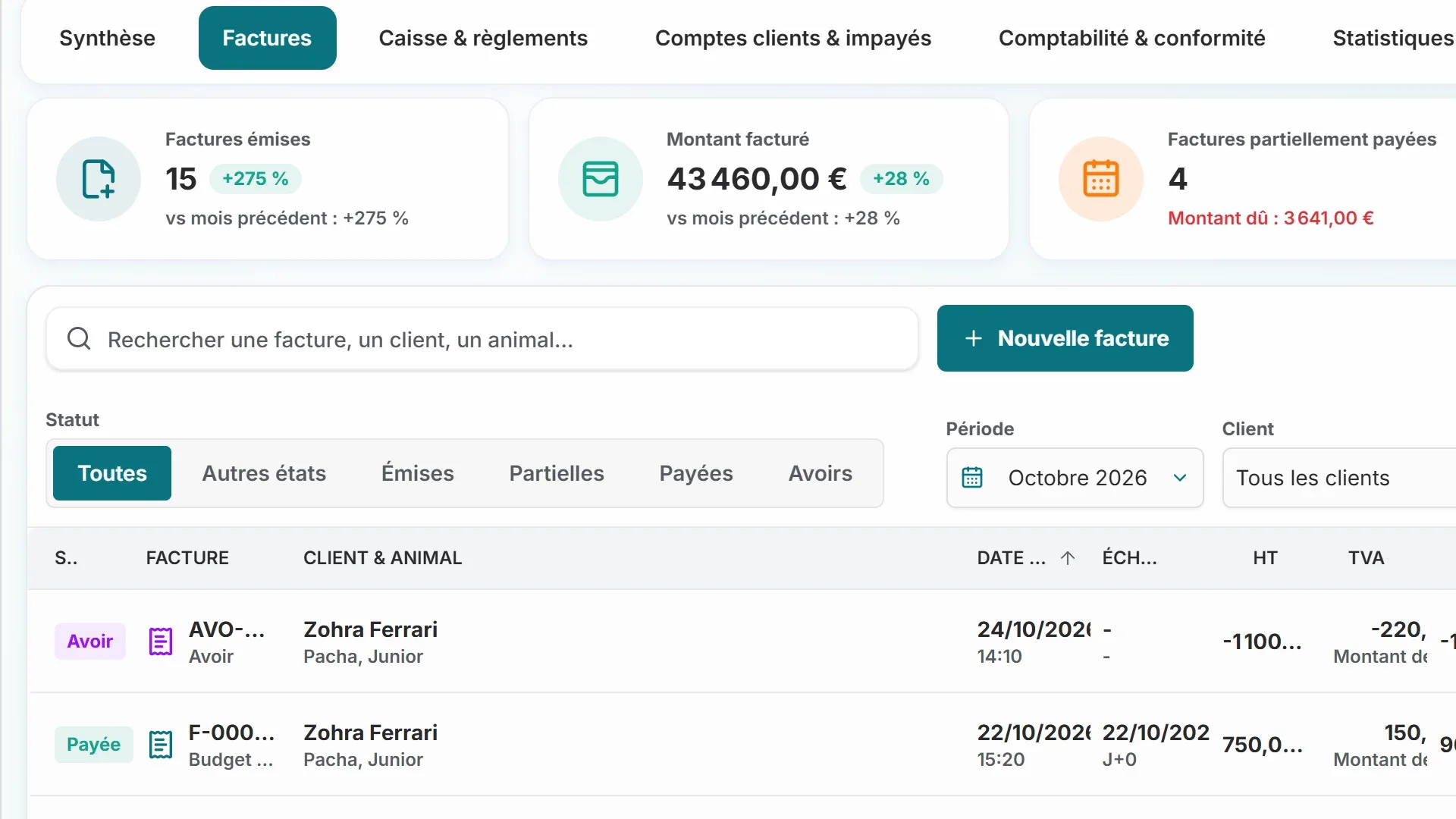Invoice list with payment status in VetCoreSolution