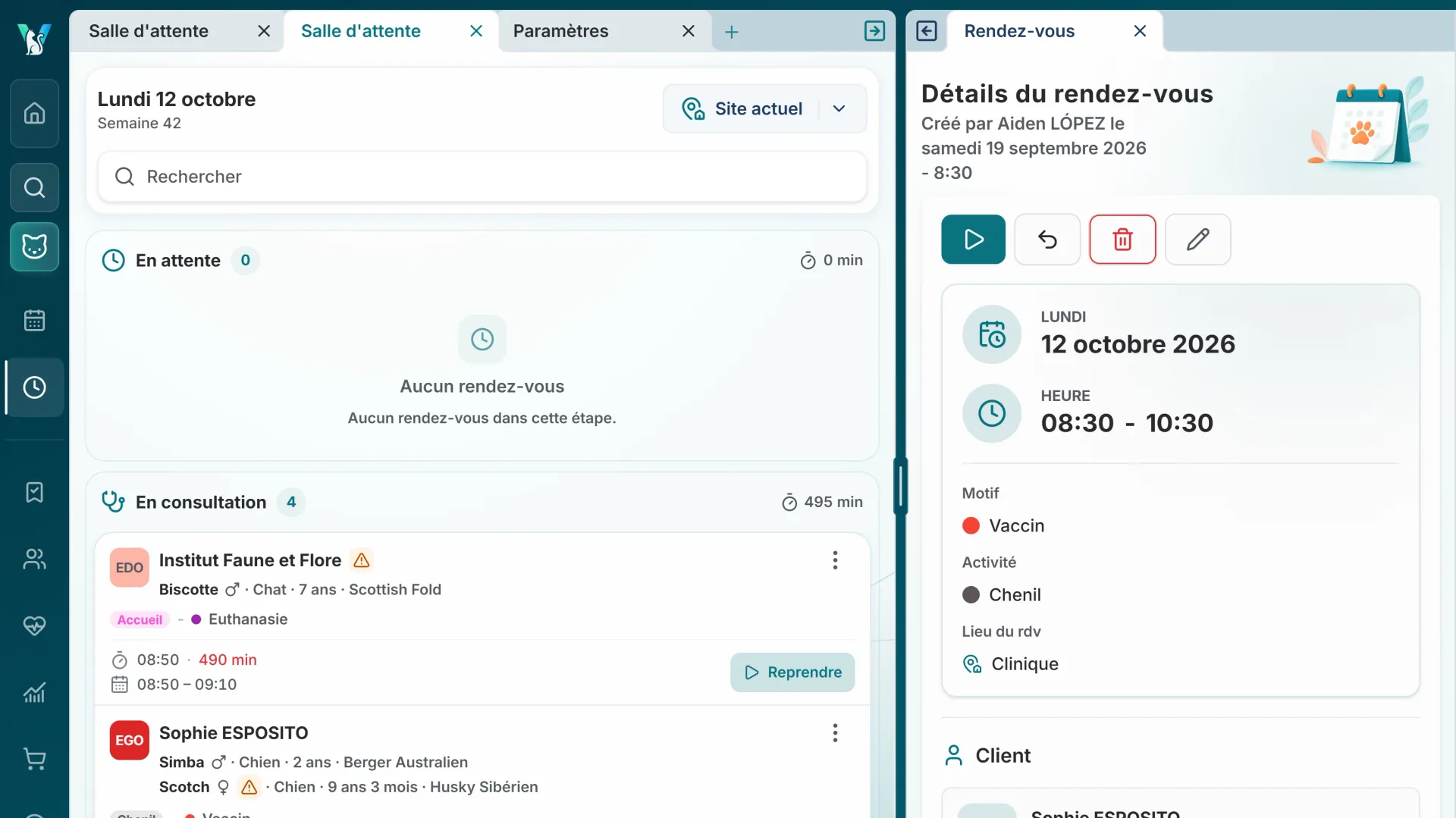 Two VetCoreSolution work areas displayed side by side