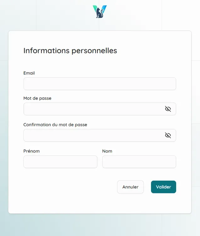 Formulaire de création d’un compte VetCoreSolution