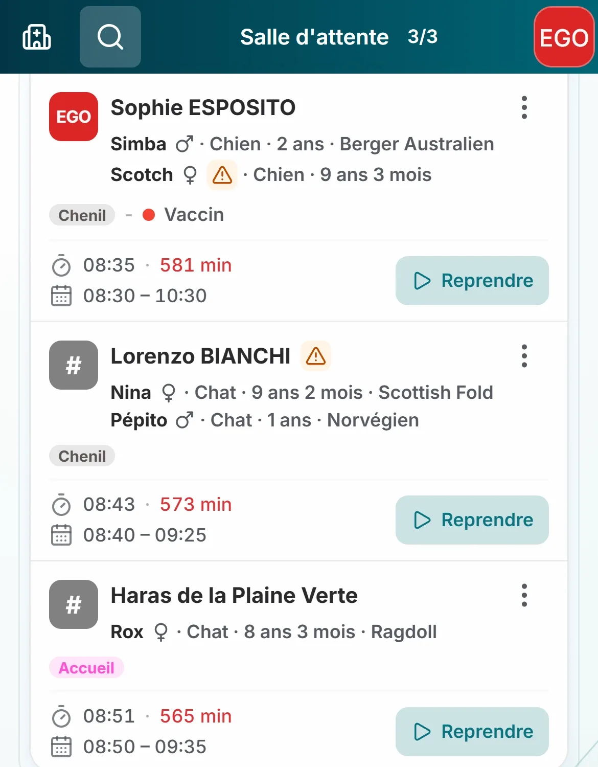 Interface VetCoreSolution adaptée au smartphone