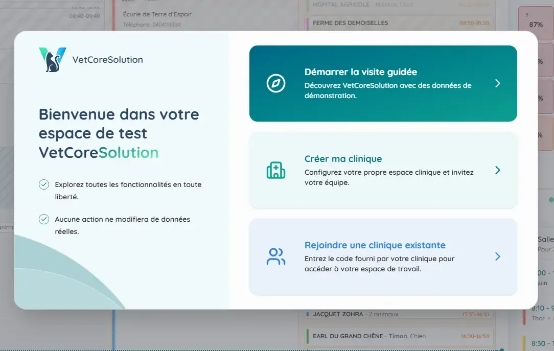 Écran d’accueil de la clinique de test VetCoreSolution